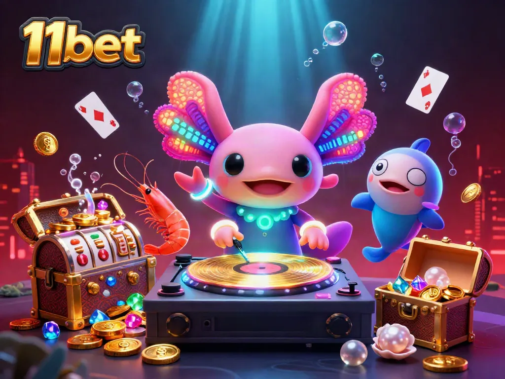 Experience thrilling casino action with 11bet's vibrant underwater adventure featuring a DJ axolotl, treasure, and games.