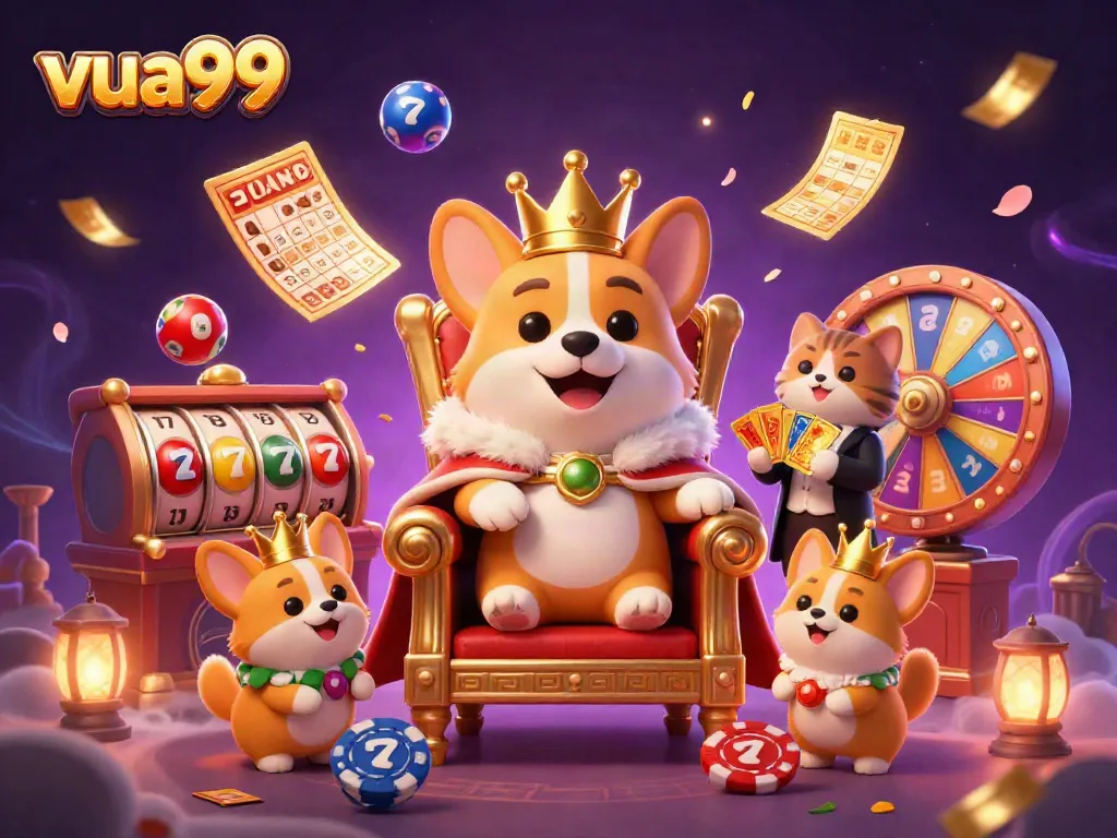 Experience thrilling gaming at vua99 with a royal corgi, golden cards, and dynamic casino elements.