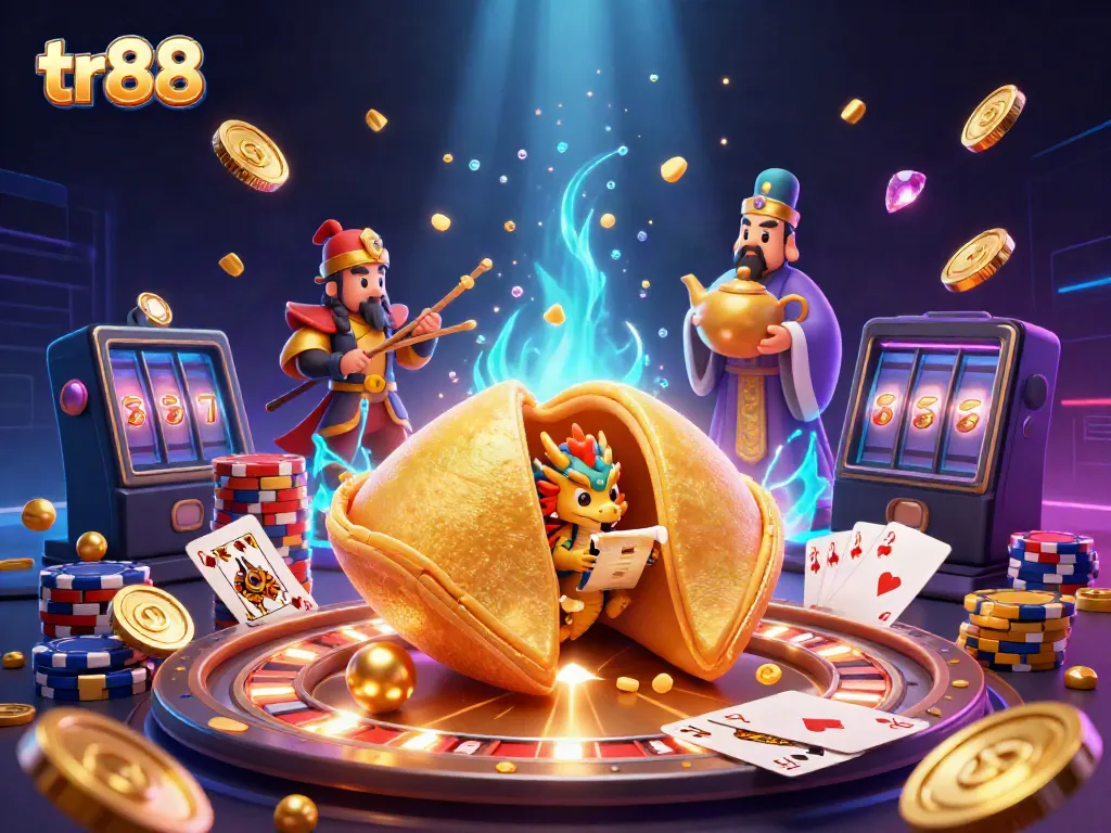Experience the thrill at tr88 with a vibrant 3D casino illustration featuring games, treasures, and excitement.