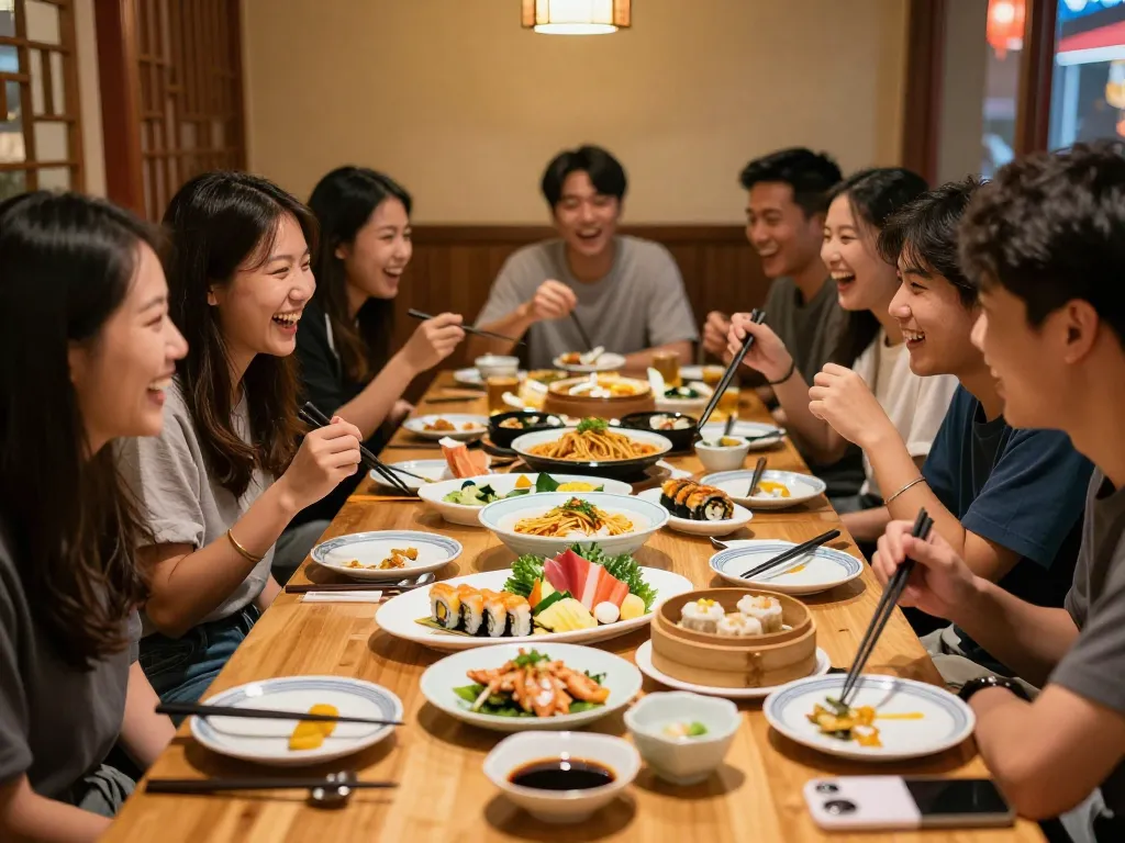 Friends enjoying delicious RED88 Asian cuisine in a vibrant dining atmosphere.