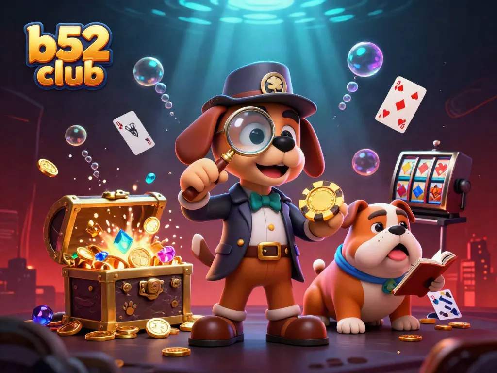 The b52 club showcases vibrant illustrations with a bloodhound detective exploring poker clues amidst glowing casino treasures.