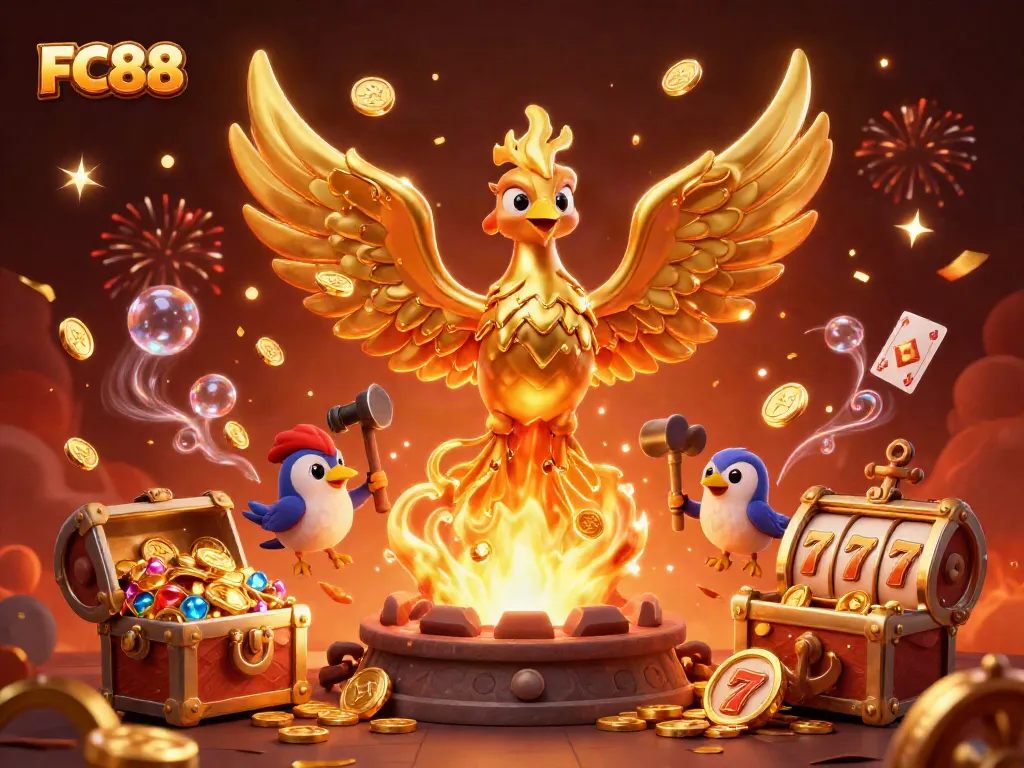 Experience the thrill of FC88 as molten gold transforms into coins in a vibrant casino setting.