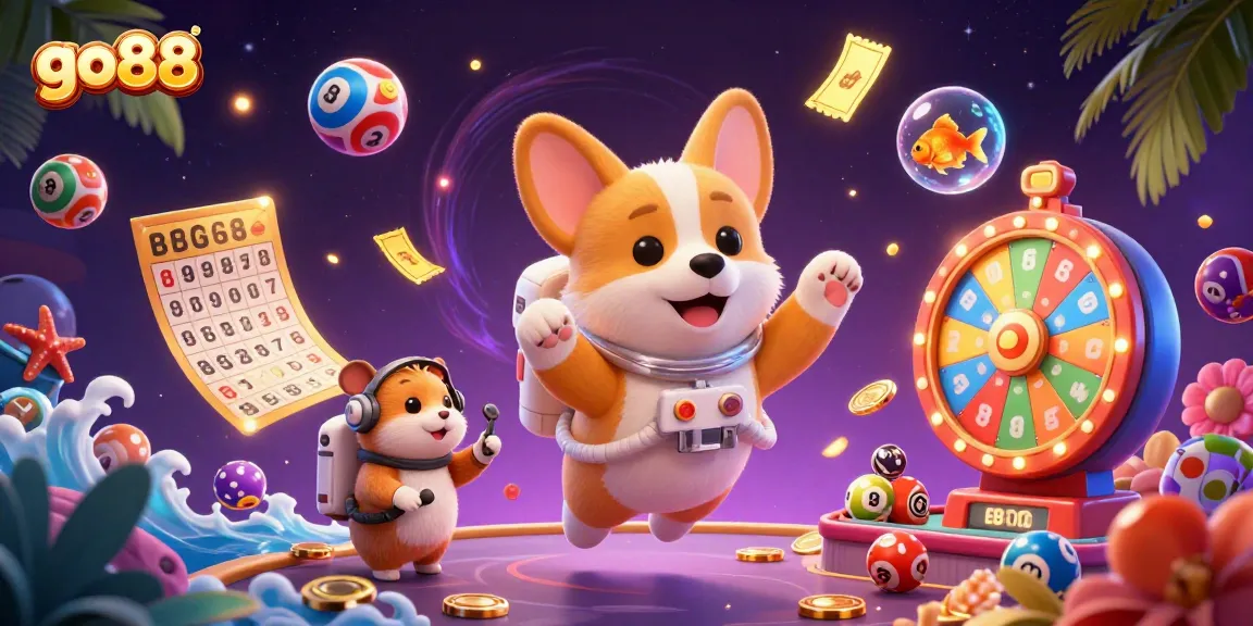 Spin the wheel with go88 in a vibrant casino scene featuring a whimsical corgi and dynamic lottery elements.