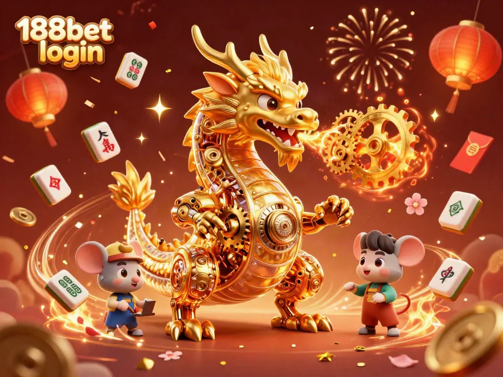 Engage in thrilling gaming with the vibrant 188bet login scene featuring a golden dragon and festive elements.