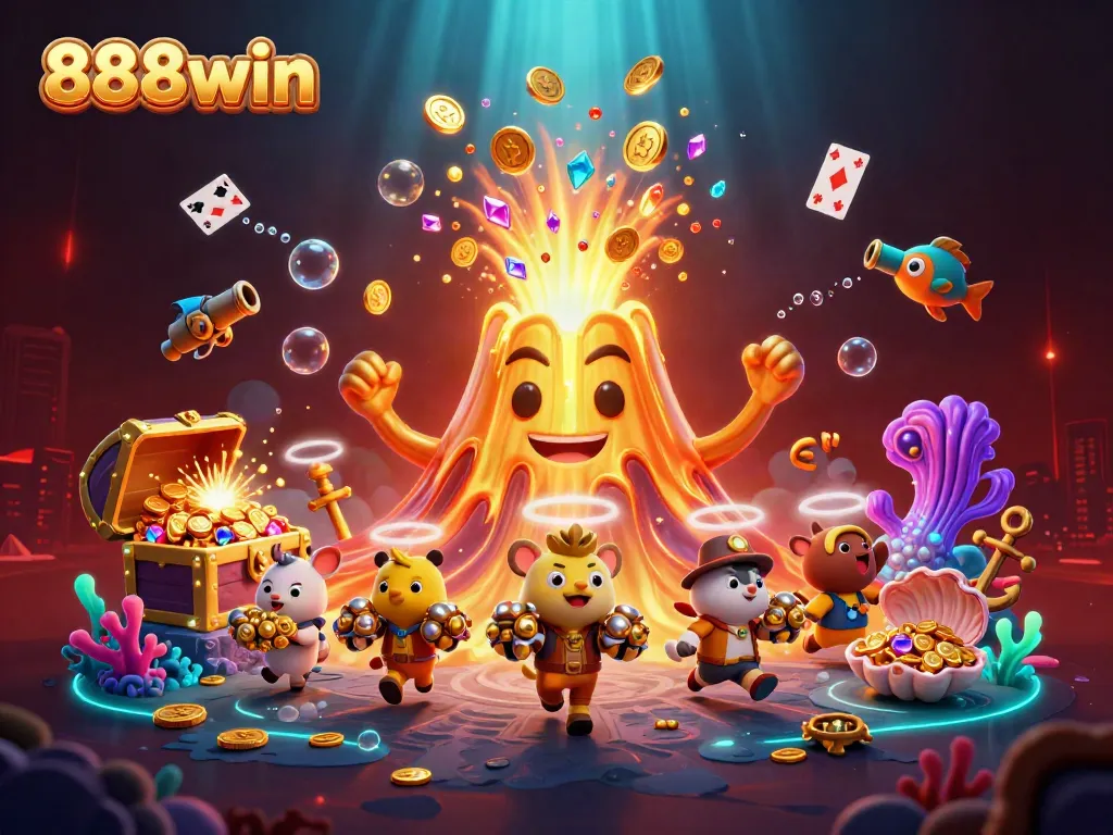 Experience the excitement of 888win with a vibrant illustration featuring treasure and lively characters.
