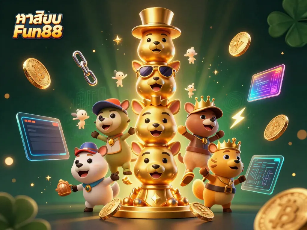 Experience the vibrant world of คาสิโน Fun88 with a golden totem pole and crypto casino elements.