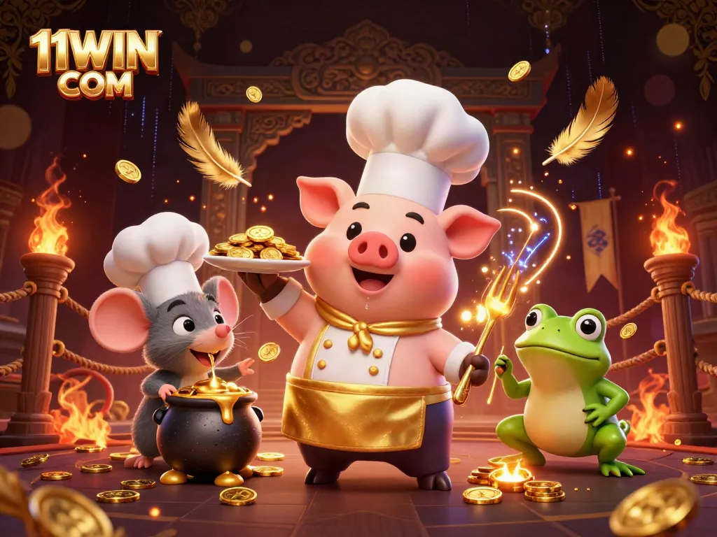 Experience thrilling wins at 11WIN COM with a vibrant 3D fantasy casino scene featuring gold coins and excitement.