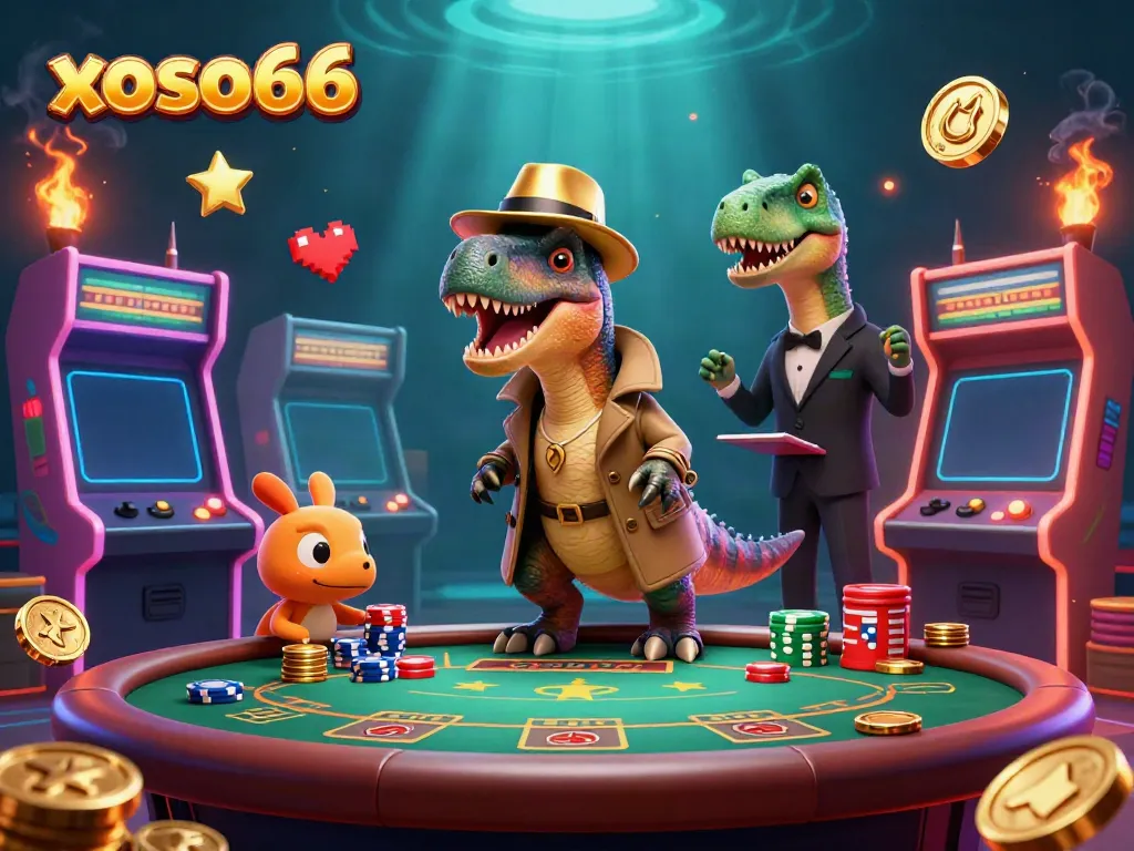 xoso66 showcases a colorful scene with a cartoon velociraptor at a blackjack table, enhancing your gaming experience.