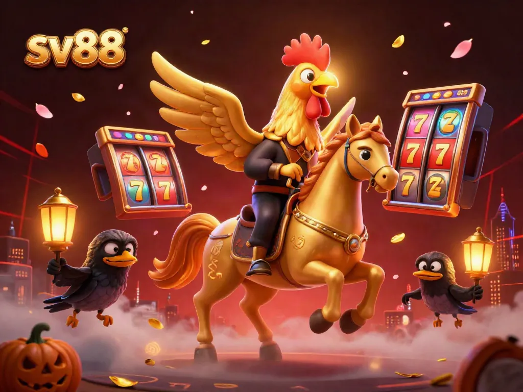 Experience excitement at sv88 with this vibrant casino scene featuring a golden rooster and dynamic game elements.