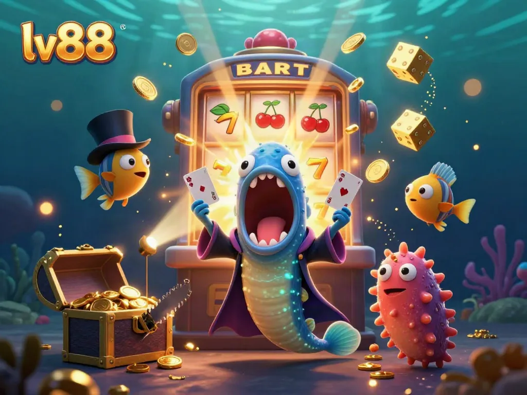 Experience the excitement of lv88 with a magical casino scene featuring unique sea creatures and gambling elements.