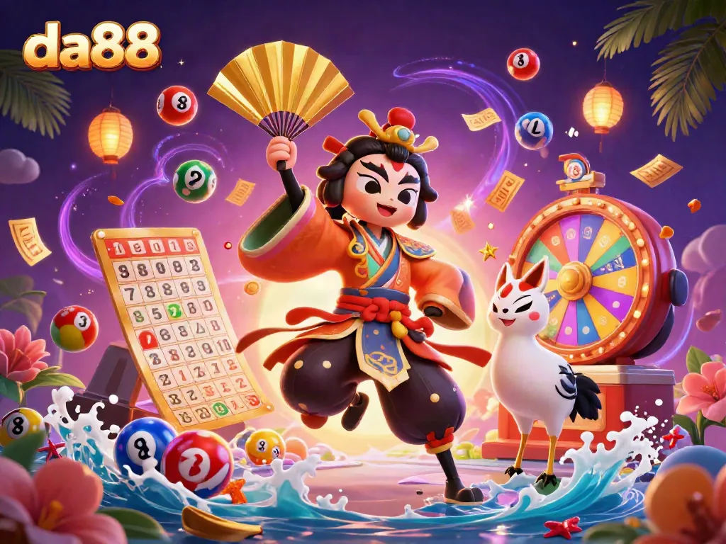 da88 showcases a dynamic gambling scene with a kabuki warrior, colorful lottery elements, and a mystical atmosphere.
