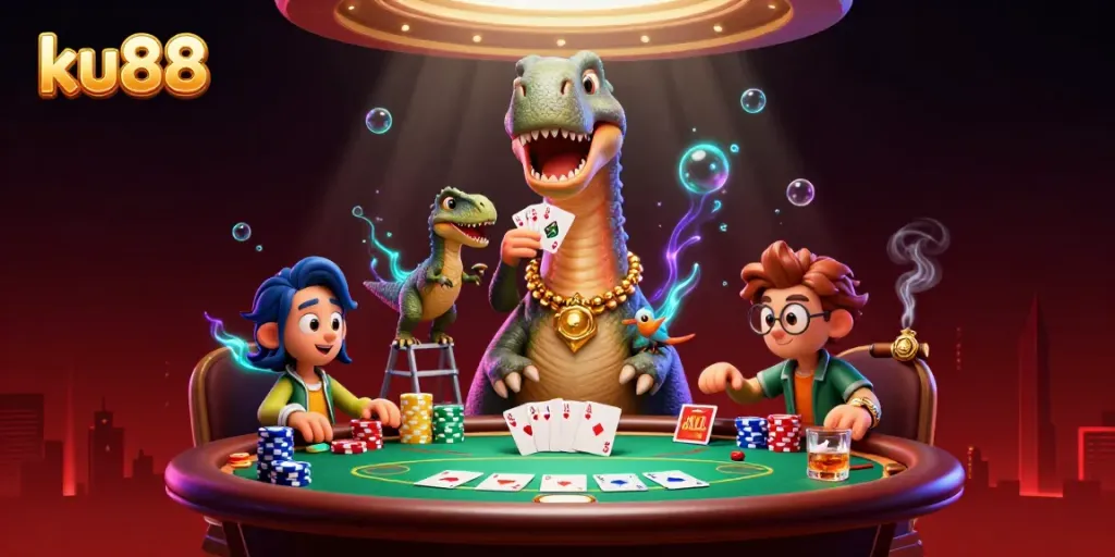 Spin for jackpots in casino-themed ku88 world with a brontosaurus and clever raptor handling cards.
