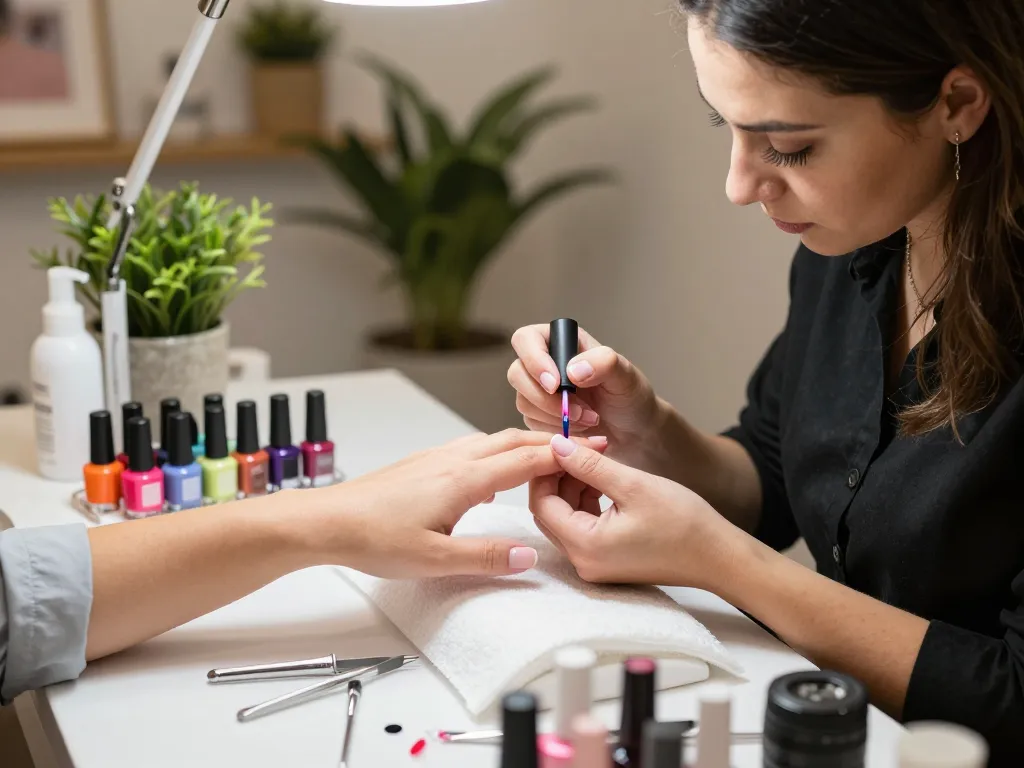 Nails being expertly painted in a cozy salon with a professional technician and hygienic tools.