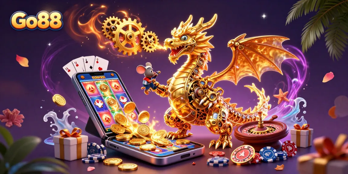 Play exciting games at Go88 with a golden dragon and vibrant casino elements in a dynamic scene.