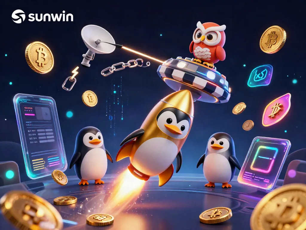 Experience the excitement of sunwin as a golden penguin launches towards a casino space station, surrounded by crypto coins.