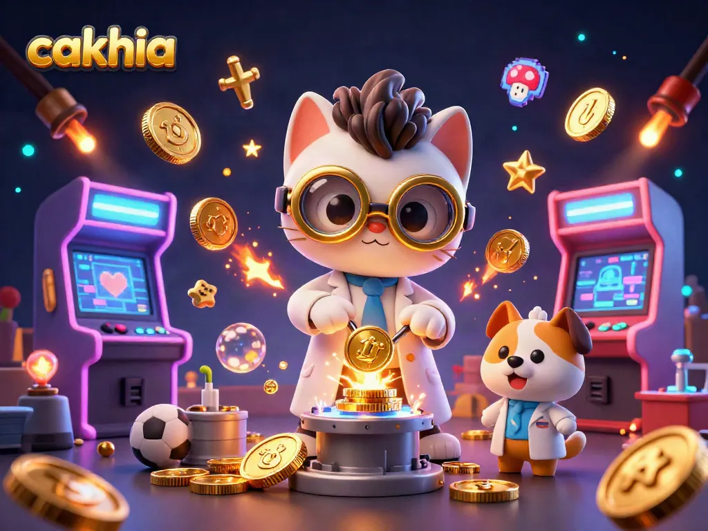 Cakhia showcases a lively sports betting scene with cartoon characters creating a gold-coin-replication machine amid vibrant gaming elements.