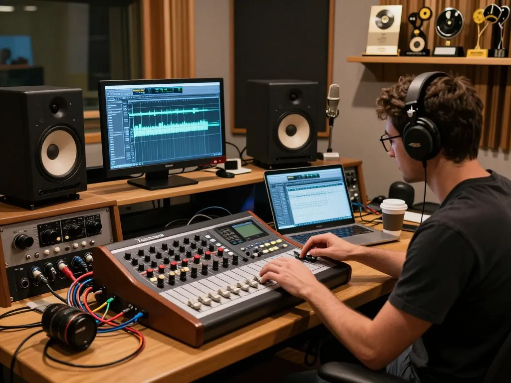 Engineer using the Tascam DA88 in a warm recording studio, showcasing audio creativity.