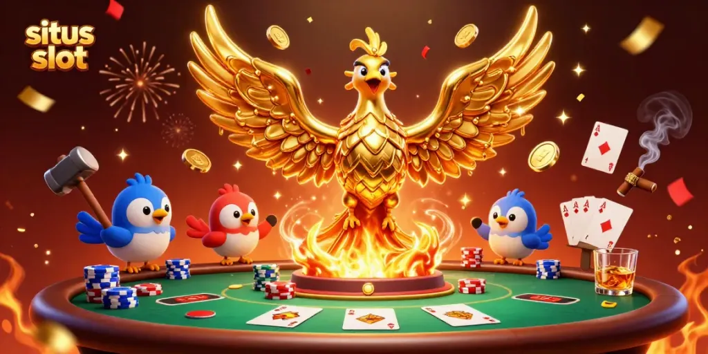 Menggali situs slot melalui ilustrasi kasino 3D dengan phoenix emas dan elemen permainan