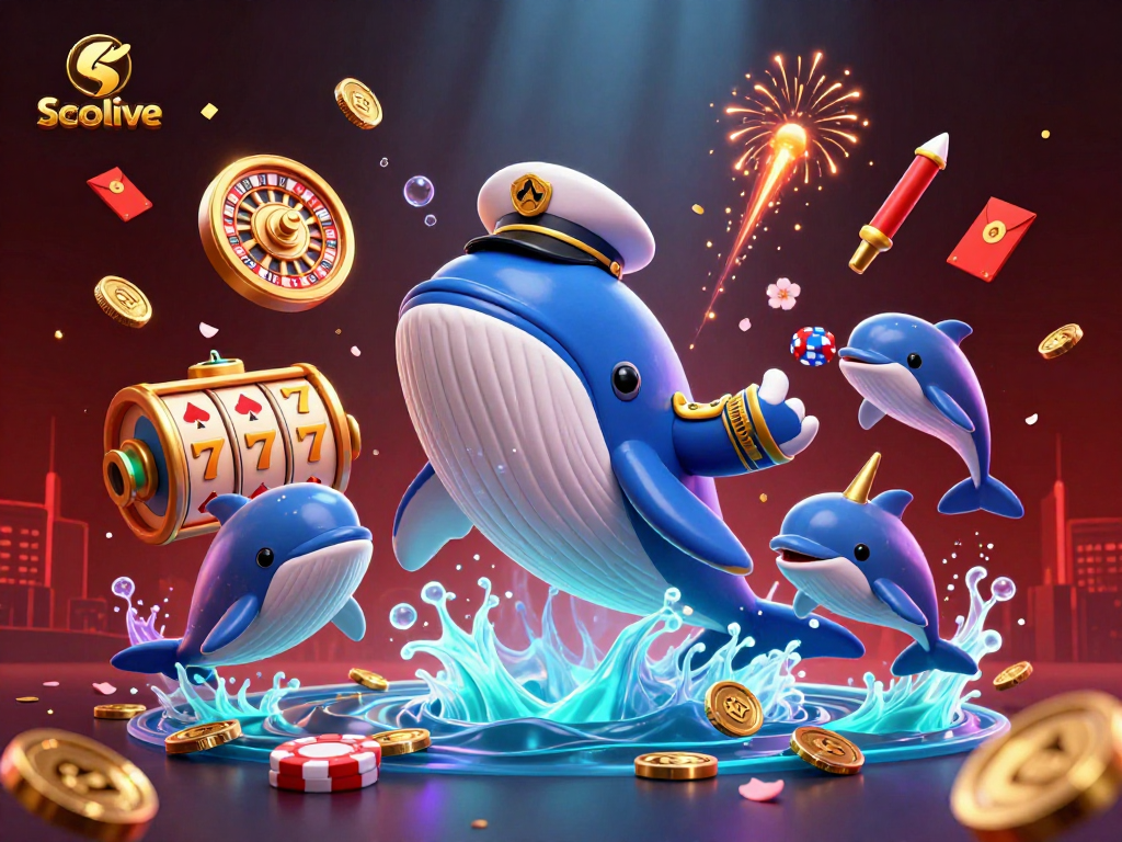 Socolive showcases a vibrant scene with a cartoon whale, poker chips, and rich casino elements.