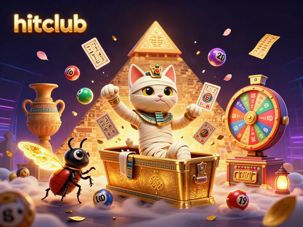 Join the excitement at hitclub, where a mummy cat and scarab celebrate thrilling wins in a vibrant casino scene.