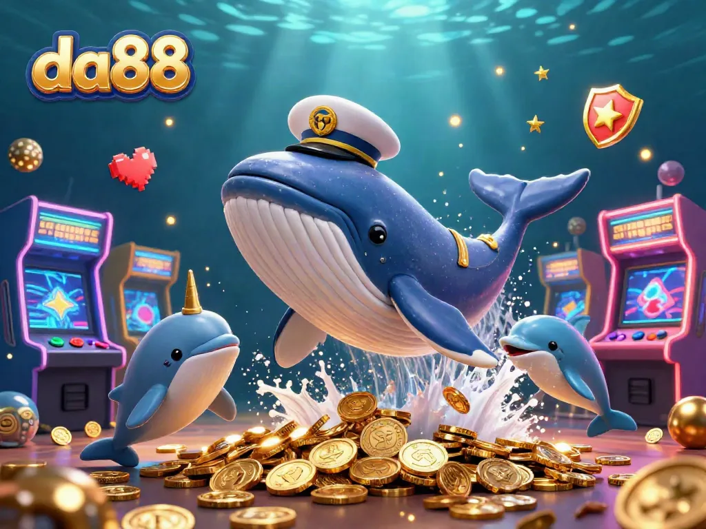 Experience the thrill of da88's gaming world with a whale and dolphins in a vibrant casino scene.