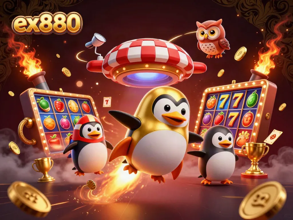 Spin the reels with ex880 in a vibrant casino-themed illustration featuring a golden penguin!