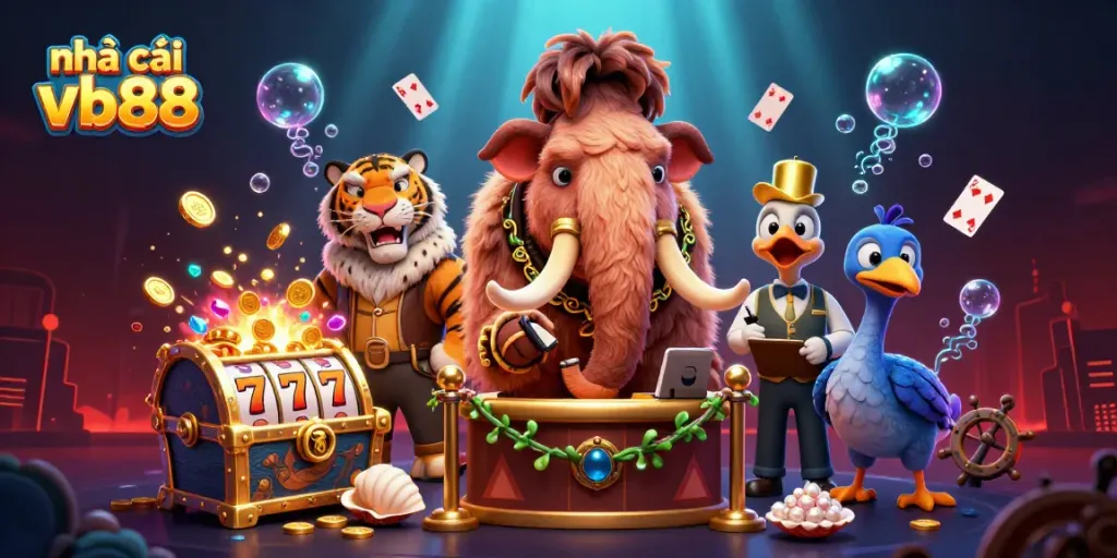 Experience the vibrant gaming scene at nhà cái vb88 with a dynamic 3D illustration of unique characters.