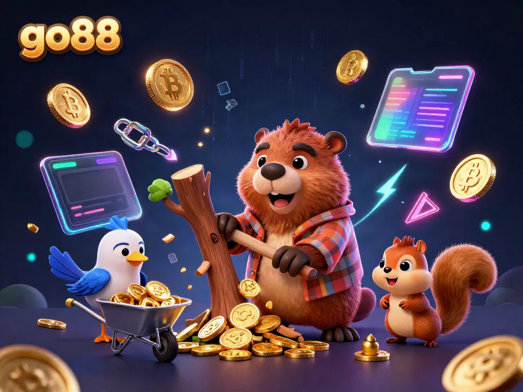 Experience the excitement at go88 with a vibrant scene featuring a beaver collecting gold coins, showcasing the essence of online gaming.