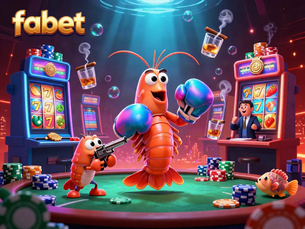 Experience the thrill of fabet with aggressive mantis shrimp battling on a vibrant gaming floor, surrounded by slot machines.