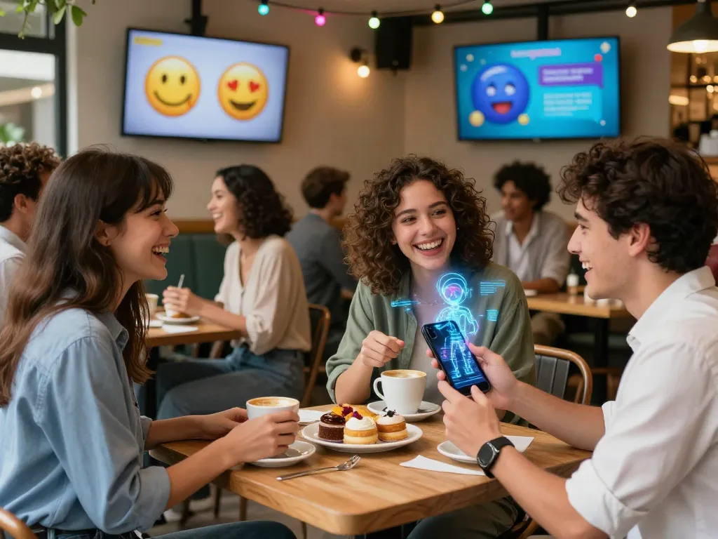 Interactive scene with girlfriend AI hologram and friends enjoying coffee in a vibrant café.