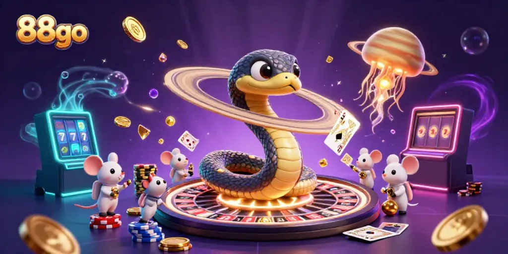 Engage in thrilling bets with 88go in a cosmic casino scene featuring vibrant characters and stunning visual effects.
