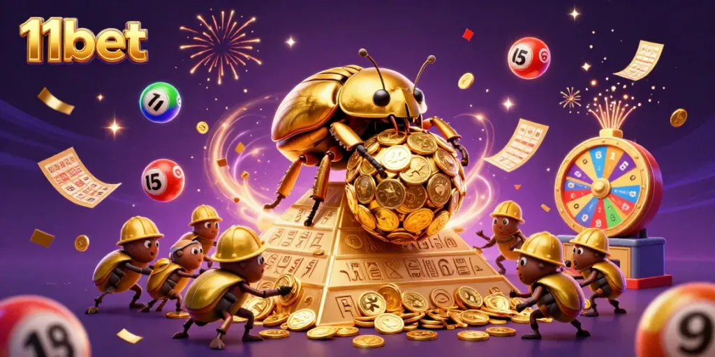 Join the excitement at 11bet with our magical illustration, featuring a golden beetle and casino elements.