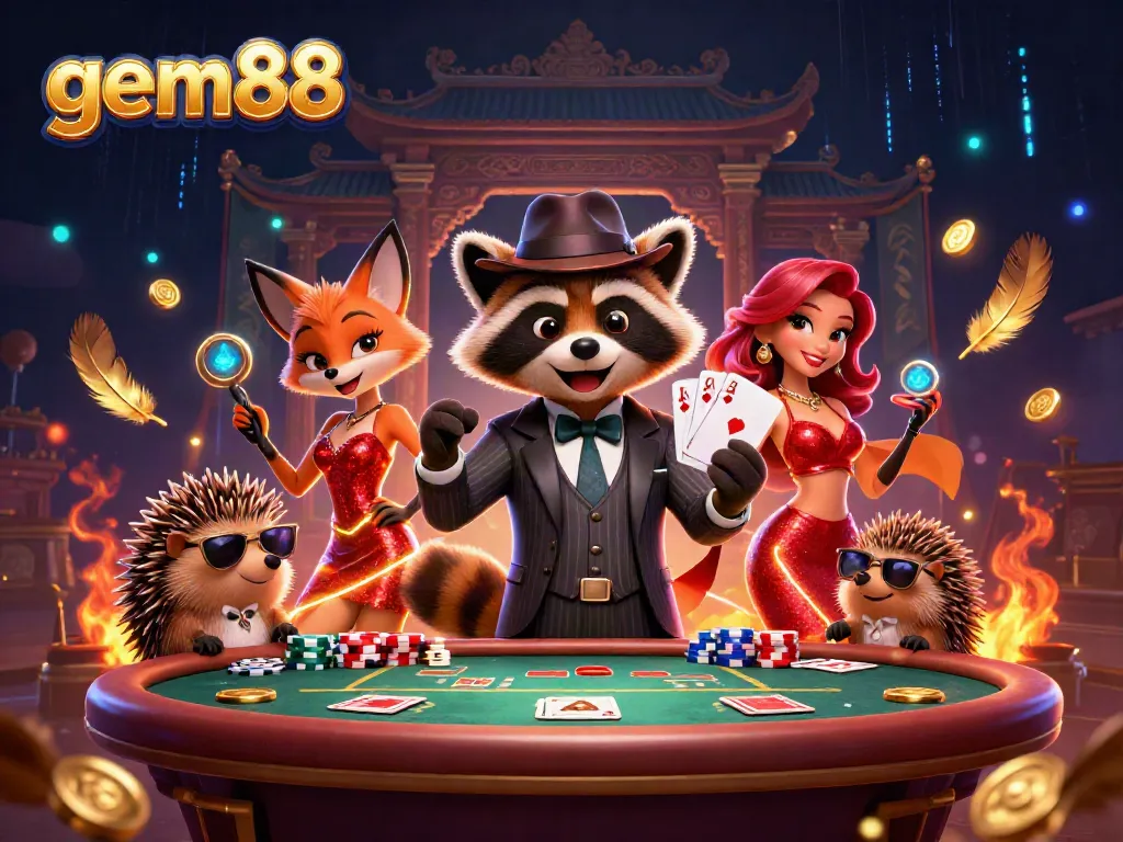 Experience the excitement at gem88, where a charming raccoon shows off a royal flush at the poker table.