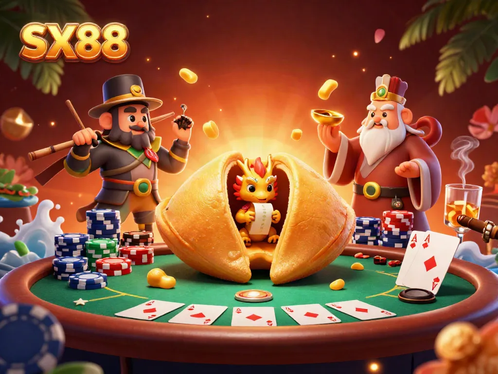 Experience the excitement of SX88 with a vibrant illustration of fortune cookies, poker chips, and engaging casino characters.