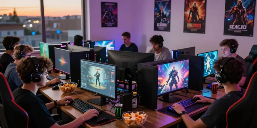 Digital gaming community discussing rokok 88 and extremist ideology awareness during a LAN party.