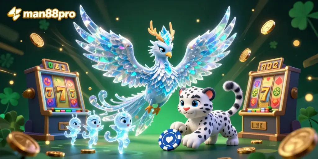 Experience the thrill of slots with man88pro, featuring dazzling characters in a rich casino scene.