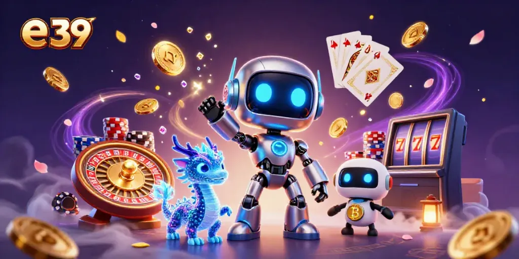 Engage with the thrilling e 39 casino scene featuring a cyberpunk robot, holographic dragon, and drone with bitcoin.