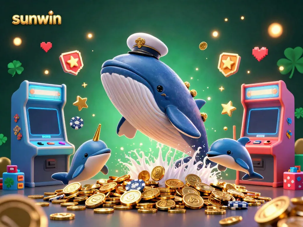 Join the sunwin adventure with a cartoon whale, narwhal, and dolphins amidst vibrant arcade games.