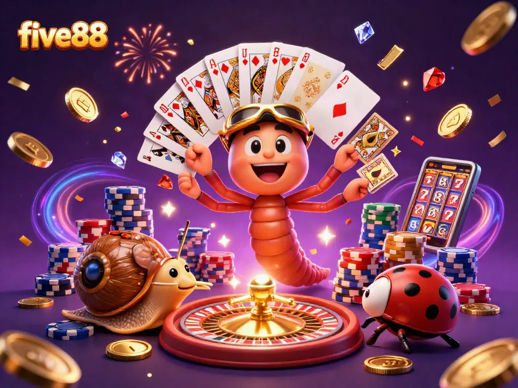 five88 delights with a vibrant casino scene featuring a millipede dealer and high-rollers amid sparkling gems and coins.
