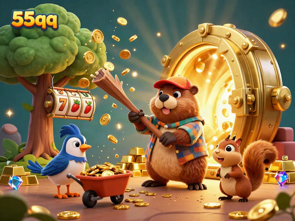 Experience the thrill of 55qq as a lumberjack beaver and friends collect golden coins in a vibrant casino setting.