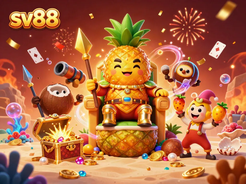 Engage in thrilling gambling at sv88 with the golden pineapple king and energetic casino scene.