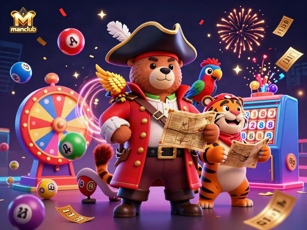 Join the world of manclub with a vibrant 3D casino scene featuring a pirate bear and tiger amidst lottery excitement.