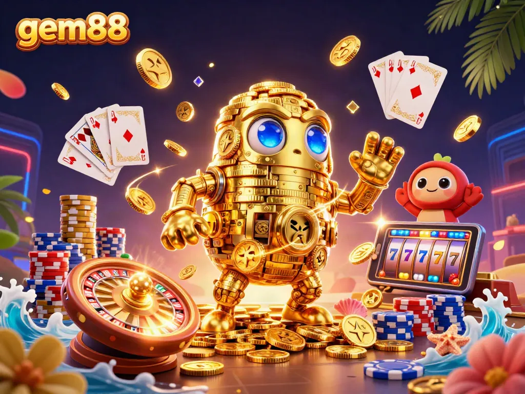 Experience the excitement of gem88 with spinning roulette, golden golems, and jackpot winnings in this vibrant casino scene.