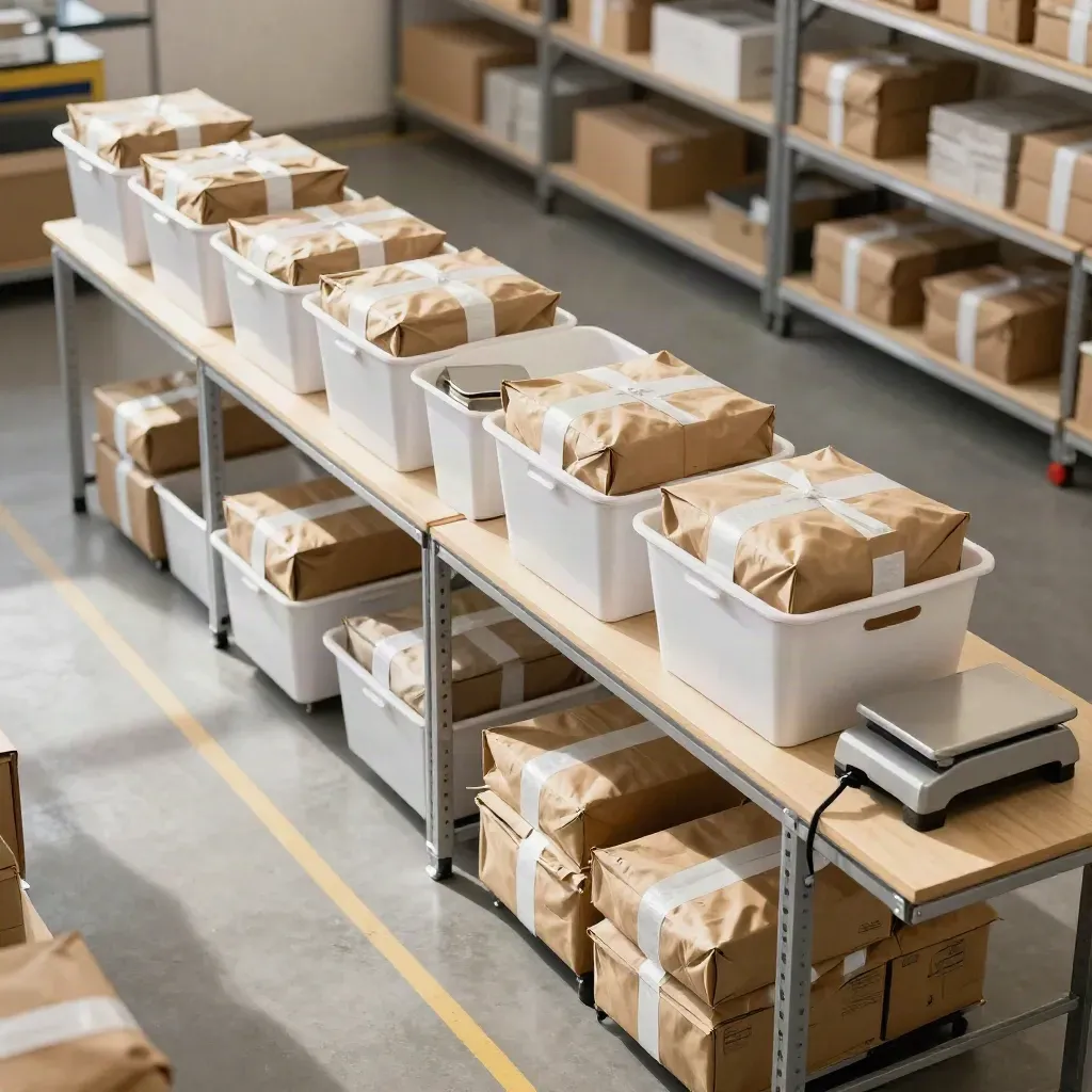 Řádně zorganizované balicí stanoviště v e-shopu na galerii skladu s krabicemi a bílými boxy