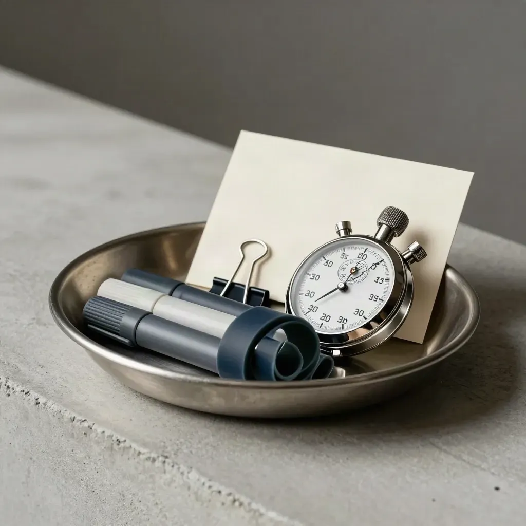 Brushed steel miska s klipy, gumičkami, víčky a stopekami na světlém pozadí.