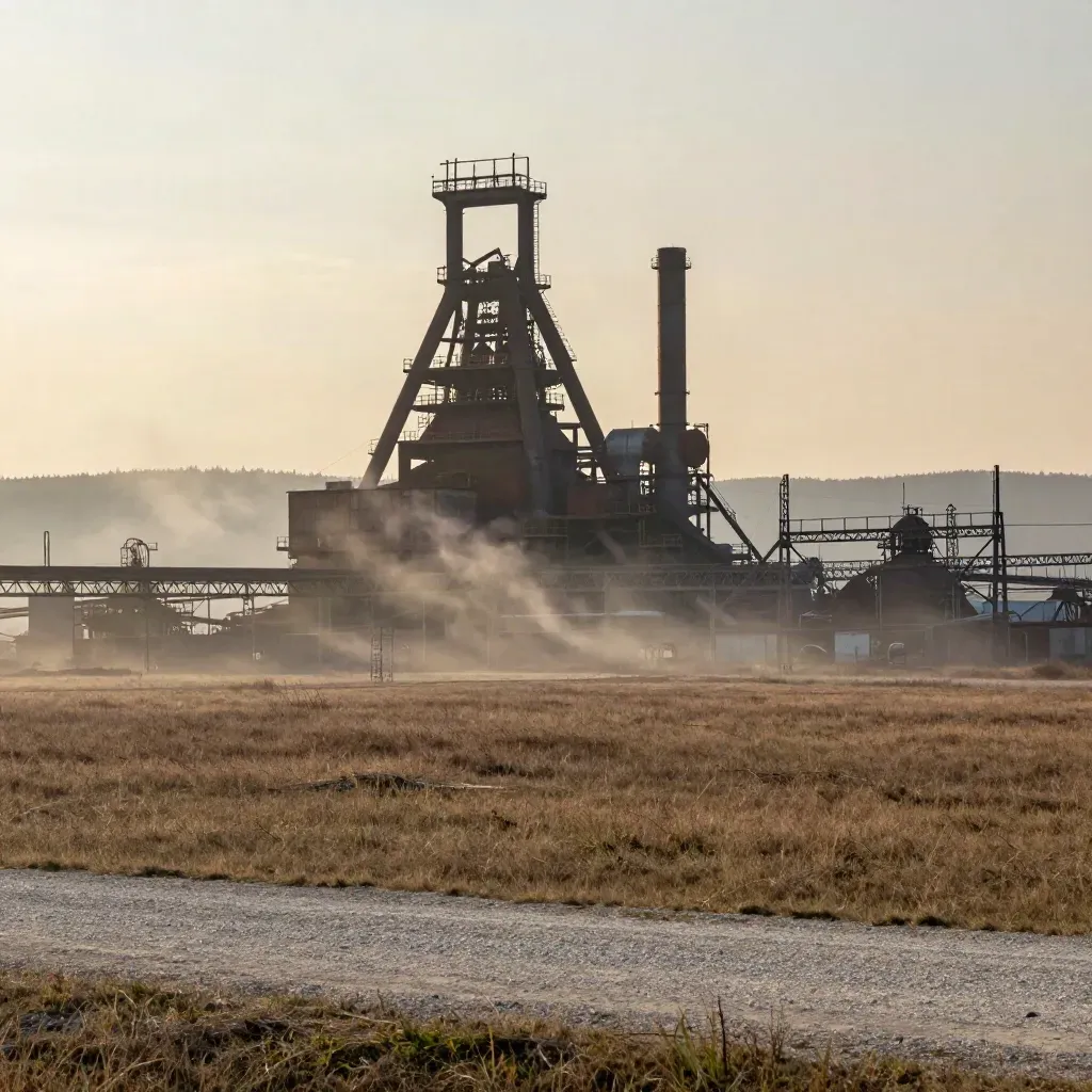 Průmyslová silueta Dolních Vítkovic v ranní mlze nad klidnou rovinou.