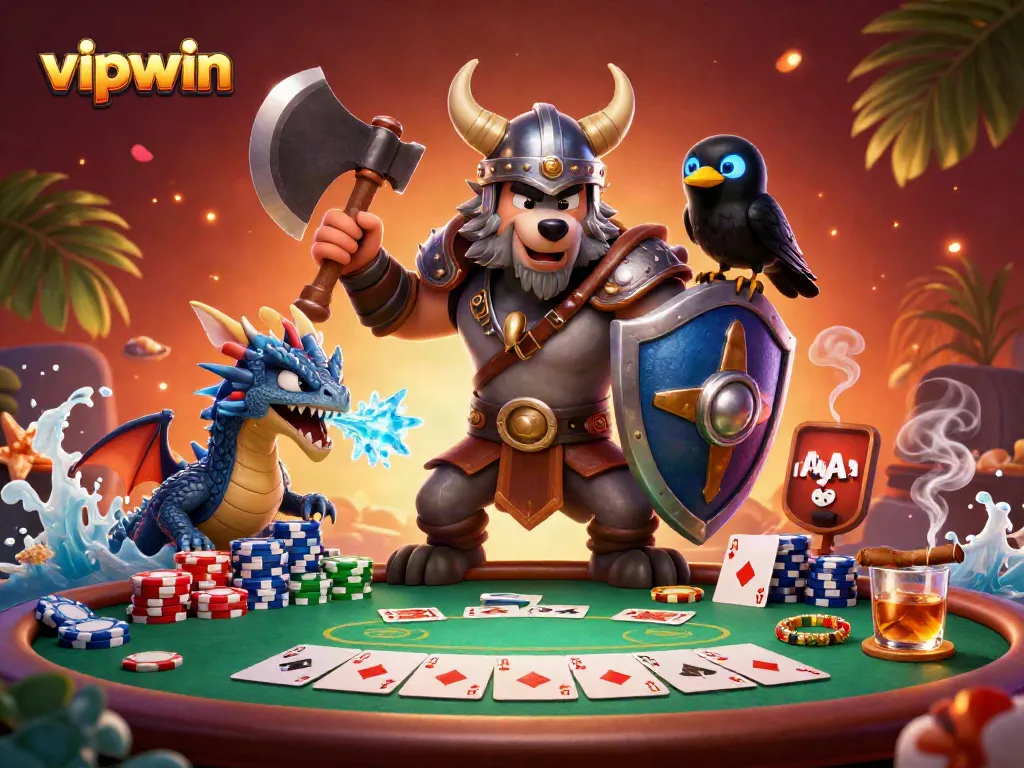 Discover thrilling poker action at vipwin with a Viking wolf warrior, dragon, and glowing raven.