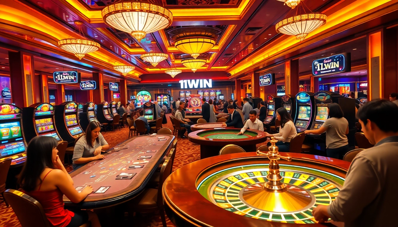 A dynamic casino scene showcasing players enjoying games at 11WIN-branded tables, filled with excitement.