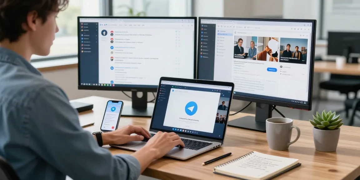 Person using Telegram web version on laptop in a modern office space.