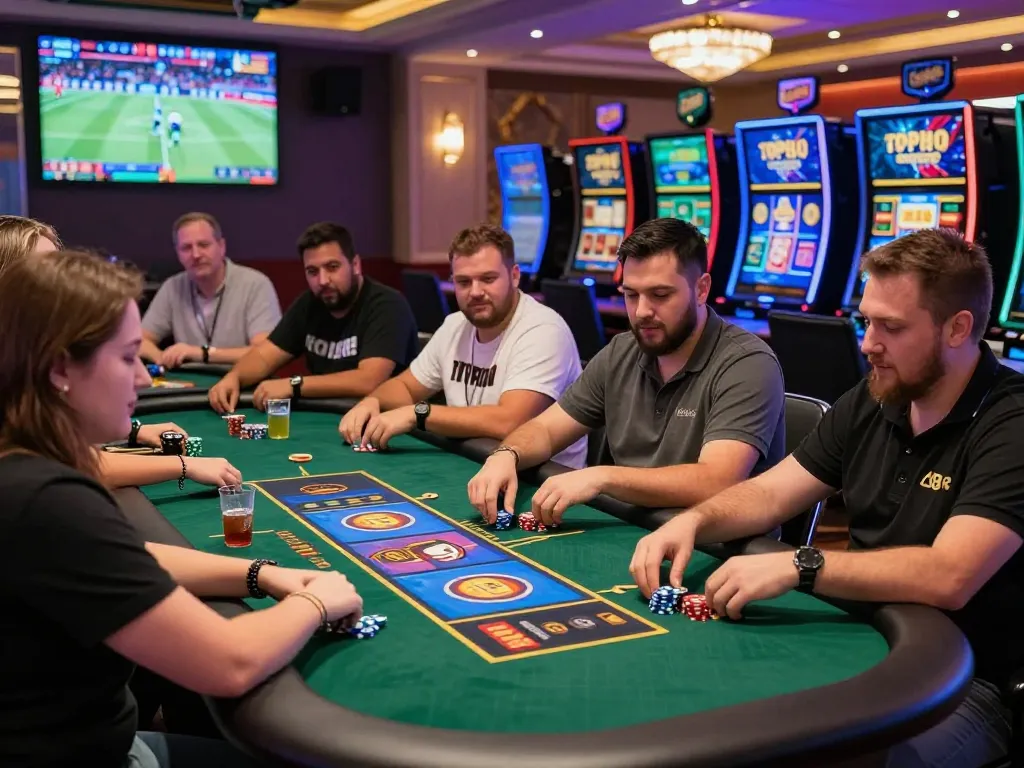 Exciting online gaming scene featuring diverse players enjoying live casino games at TOP88, set in a vibrant and luxurious environment.